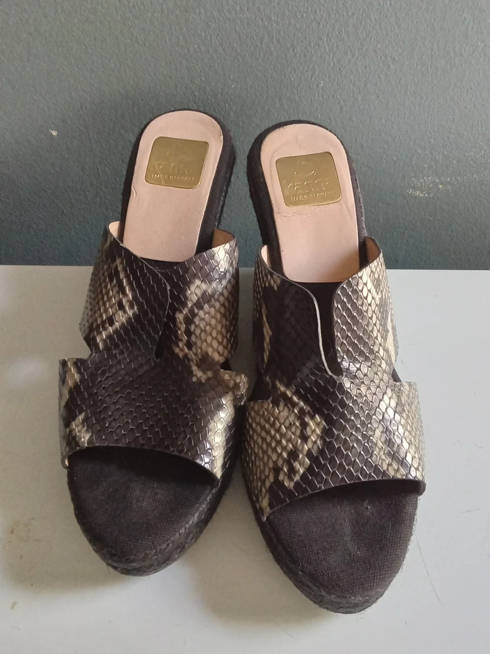 Kanna Spain Snakeskin Embossed Leather Espadrille Wedge Sandals Brown Tan